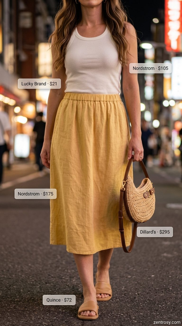 Joyful Summer BBQ Party Outfit for Women 2026 Lemon yellow linen skirt, white ribbed tank, and straw bag for a joyful summer BBQ party outfit for women 2026.
