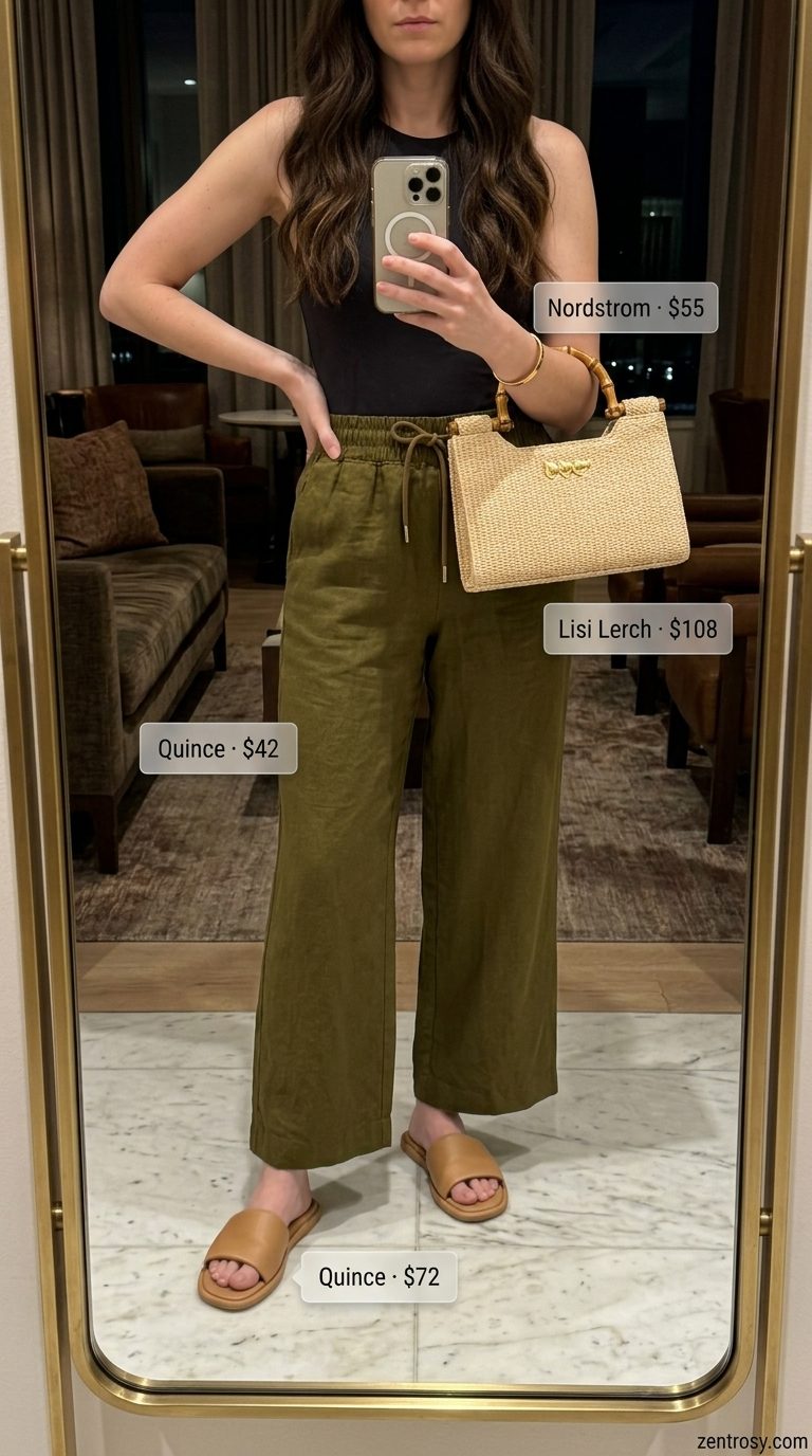 Linen Set Chic: Summer BBQ Party Outfit for Women 2026 Chic olive green linen set with wide-leg pants for a summer BBQ party outfit for women 2026.