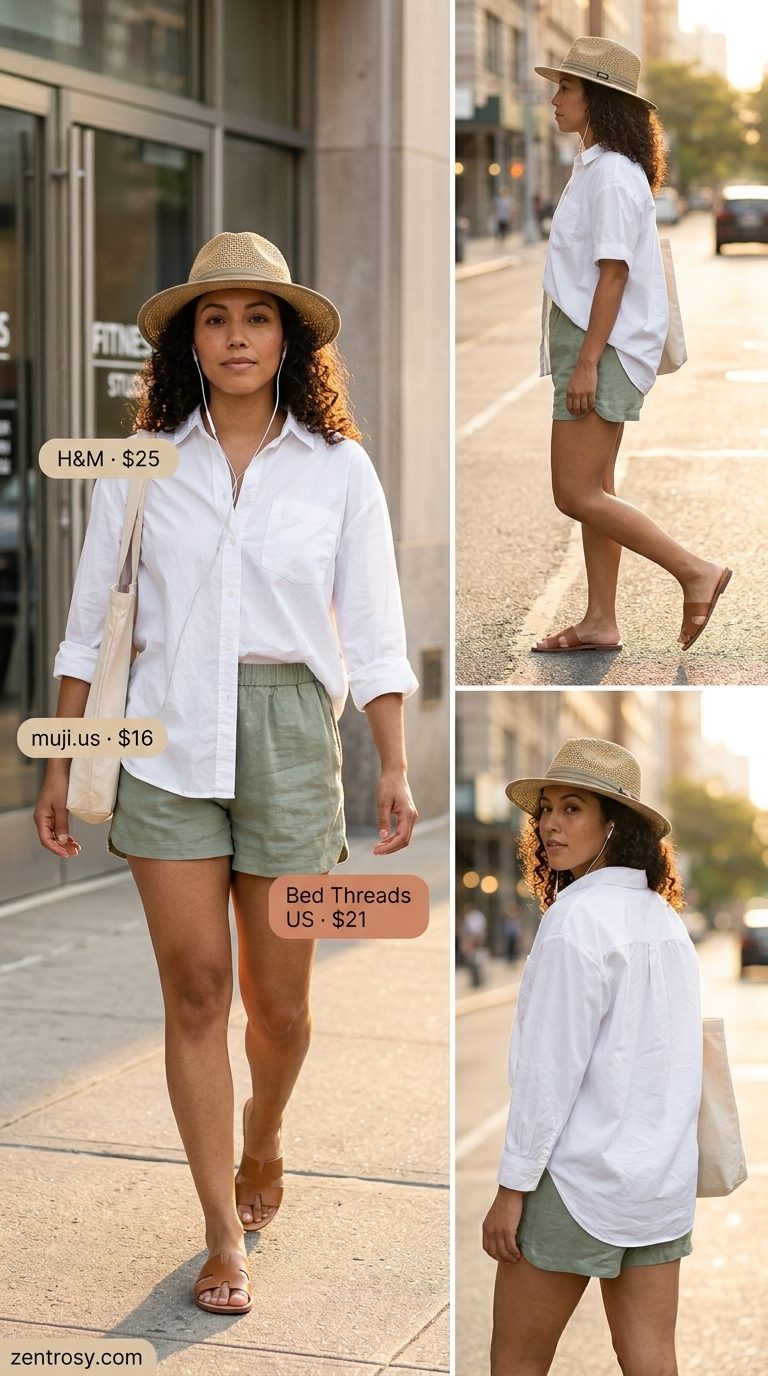Linen Shorts Style: Summer BBQ Party Outfit for Women 2026 Effortless sage green linen shorts, oversized white shirt, and straw hat for a summer BBQ party outfit for women 2026.