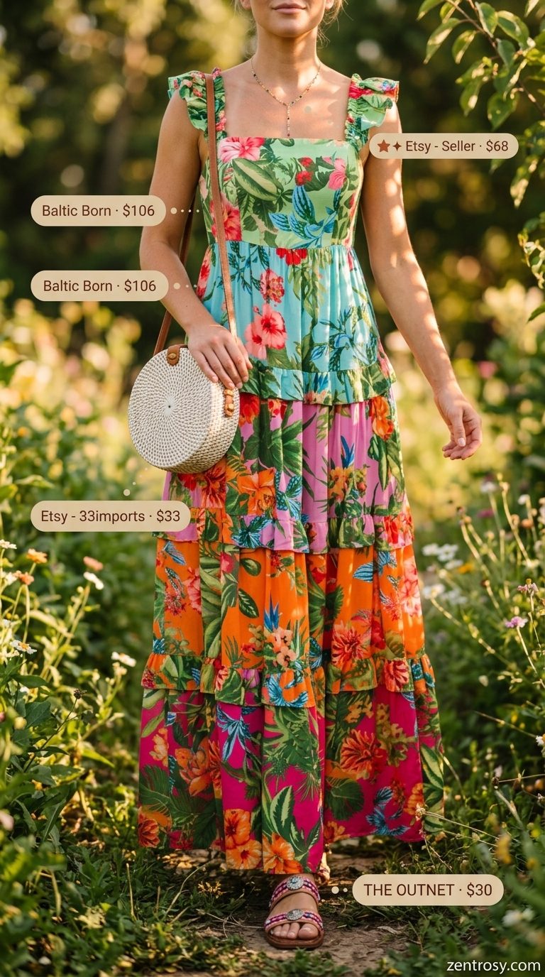 Boho Maxi Dress: Summer BBQ Party Outfit for Women 2026 Boho floral maxi dress with embellished sandals for a summer BBQ party outfit for women 2026.