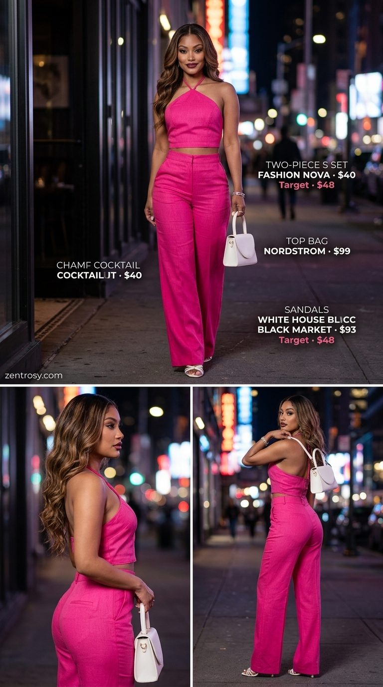 Pink Power Set: Summer BBQ Party Outfit for Women 2026 Bold hot pink linen set with heeled sandals for a summer BBQ party outfit for women 2026.