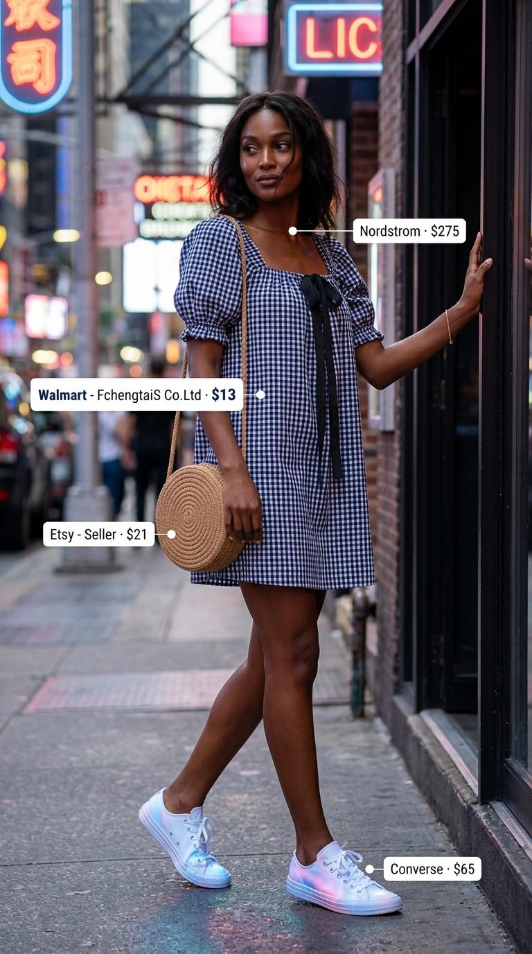 Sundress Style: Summer BBQ Party Outfit for Women 2026 Sweet light blue gingham mini sundress with white sneakers for a summer BBQ party outfit for women 2026.