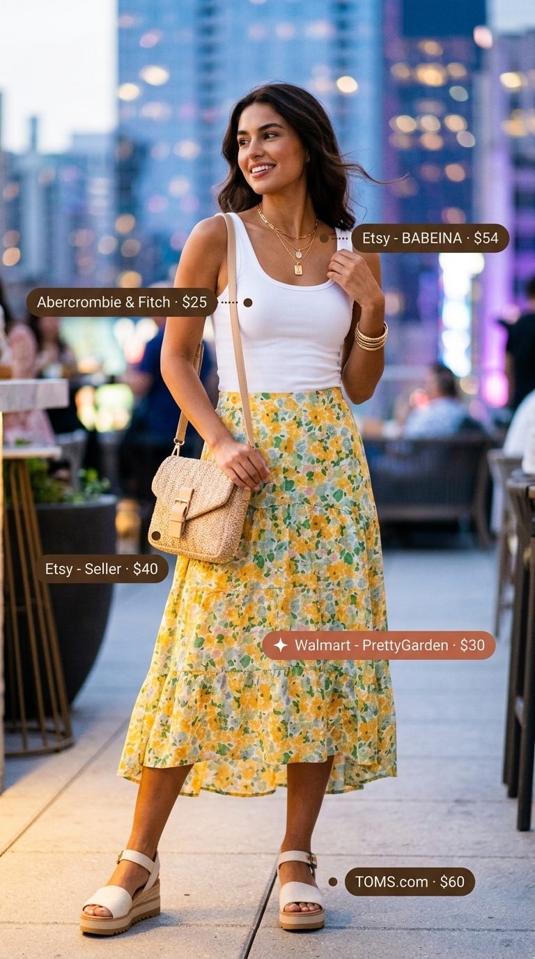 Sunny Summer BBQ Party Outfit for Women 2026 Floral midi skirt, white tank, and espadrille wedges for a sunny summer BBQ party outfit for women 2026.