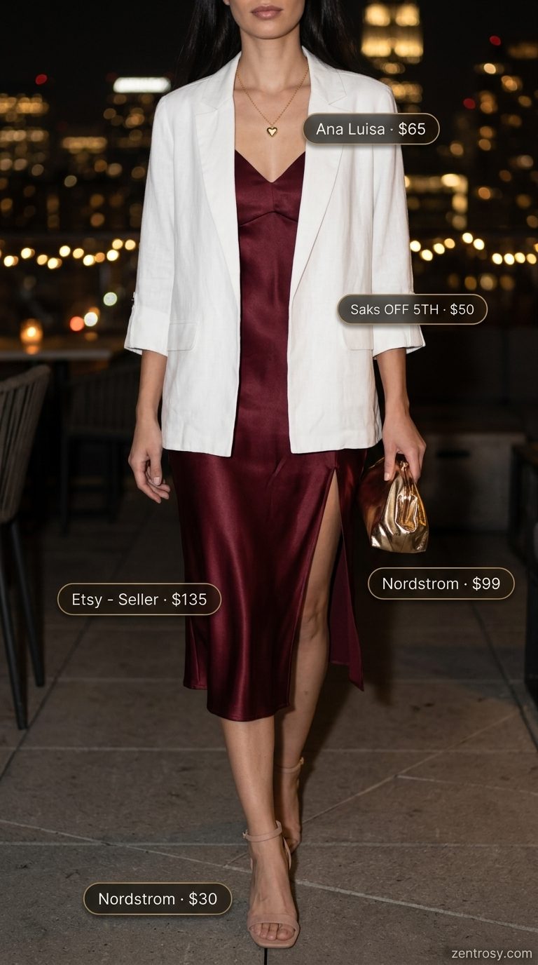 Elegant Summer BBQ Party Outfit for Women 2026 Burgundy slip dress, white linen blazer, and nude heels for an elegant summer BBQ party outfit for women 2026.