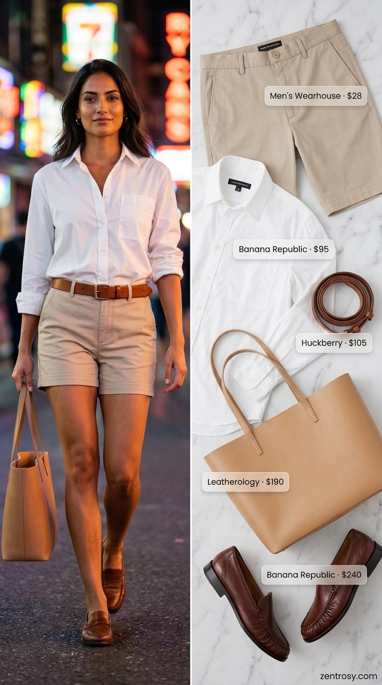 Summer BBQ Party Outfit 2026: Tailored Shorts Beige chino shorts, white button-down, and loafers for a summer BBQ party outfit for women 2026.