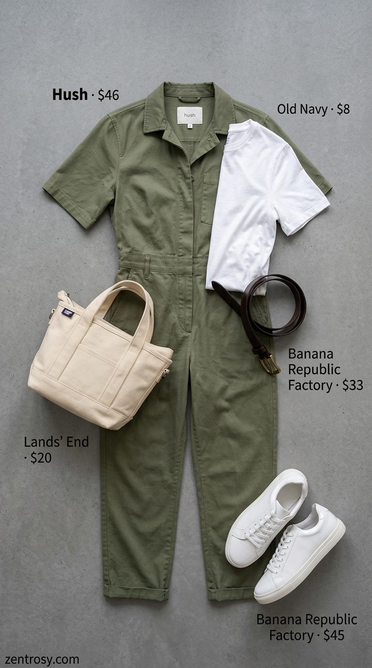 Summer BBQ Party Outfit 2026: Utility Jumpsuit Khaki utility jumpsuit, white tee, and sneakers for a summer BBQ party outfit for women 2026.