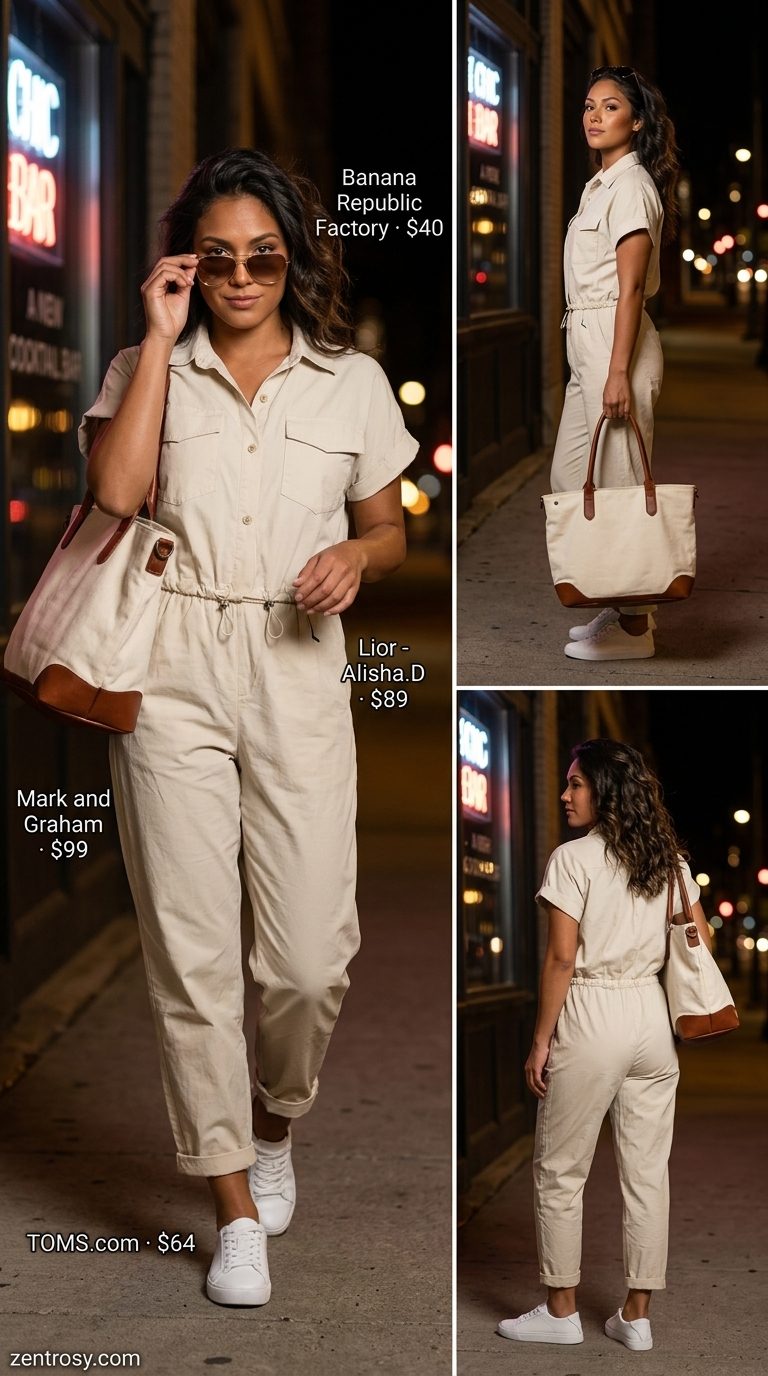 Cool Summer BBQ Party Outfit for Women 2026 Olive utility jumpsuit, white sneakers, and aviator sunglasses for a cool summer BBQ party outfit for women 2026.