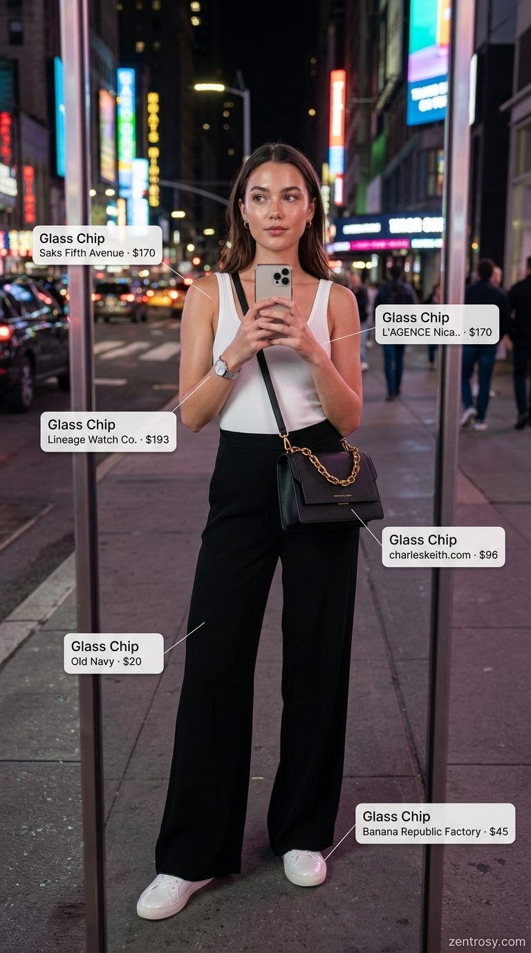 Summer BBQ Party Outfit 2026: Wide-Leg Pants Black wide-leg pants, white bodysuit, and sneakers for a summer BBQ party outfit for women 2026.