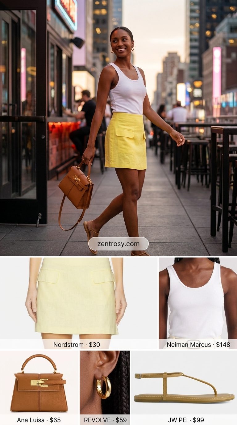 Summer BBQ Party Outfit 2026: Yellow Mini Skirt Yellow mini skirt, white tank, and strappy sandals for a summer BBQ party outfit for women 2026.