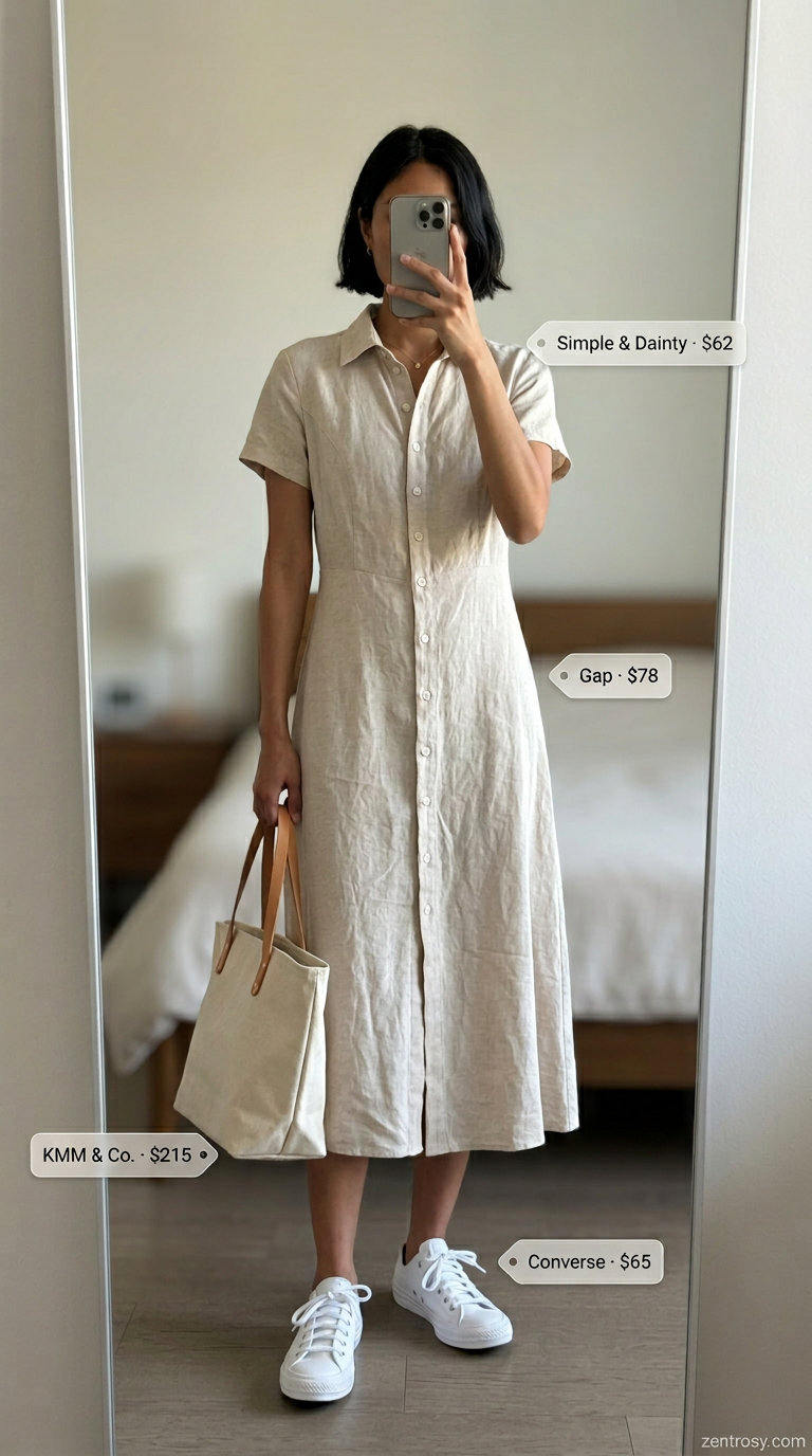 Soft beige linen shirtdress with white sneakers and tote bag for summer belted dress for women 2026 casual.