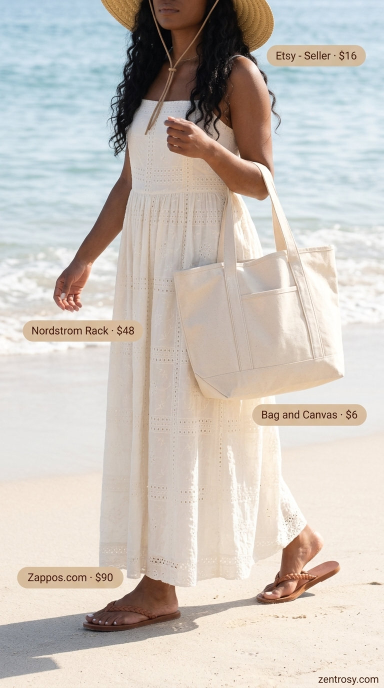 Boho Beach Cover-up: Summer belted dress for women 2026 in earthy beige, styled with leather sandals & straw hat.