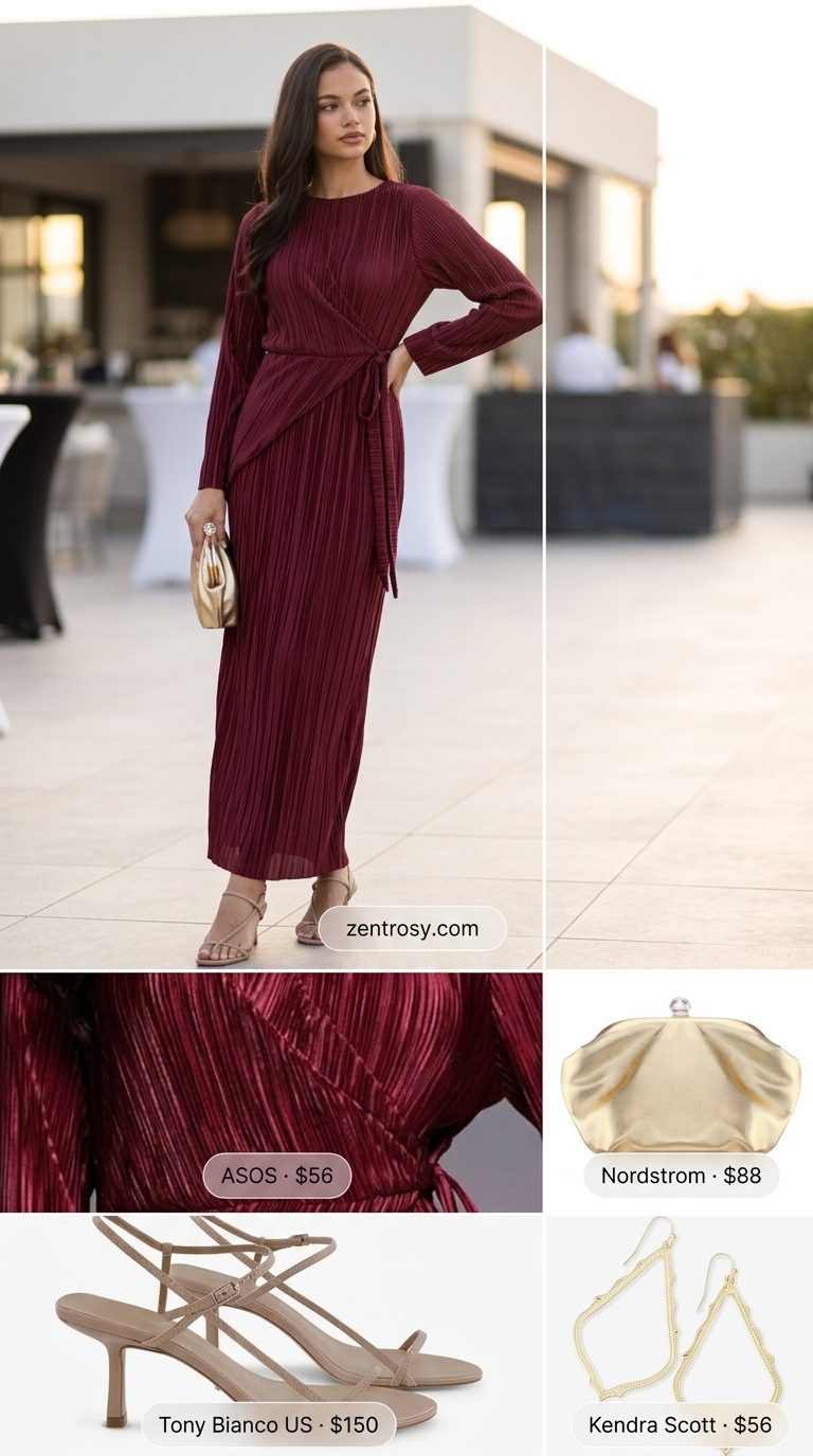 Burgundy maxi wrap dress with nude heels and gold clutch for summer belted dress for women 2026 wedding guest.