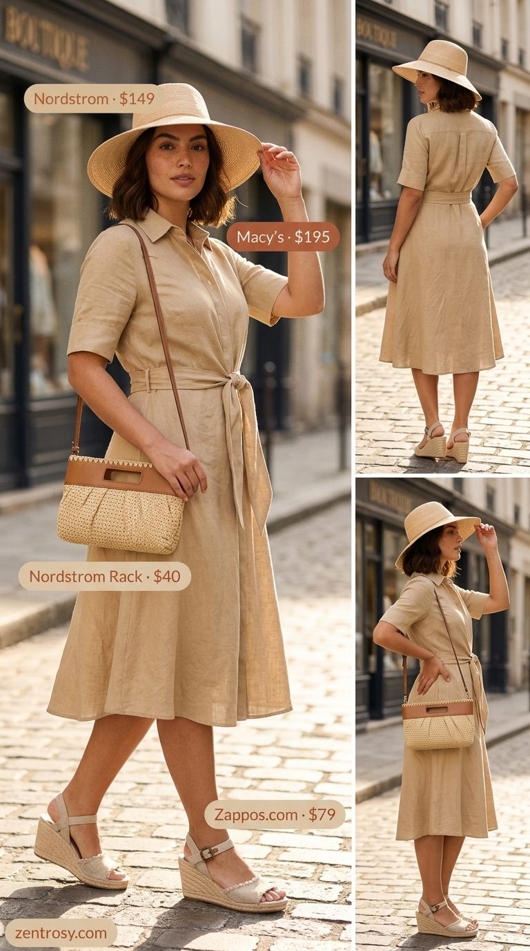 Chic Linen Blend Midi: Summer belted dress for women 2026 in beige, with espadrilles & straw hat.