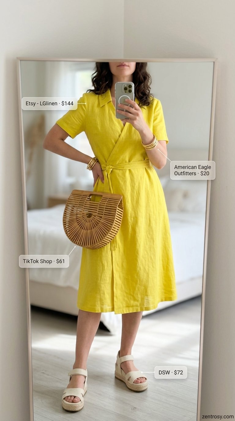 Citrus yellow linen wrap dress with espadrilles and bamboo clutch for summer belted dress for women 2026 brunch.