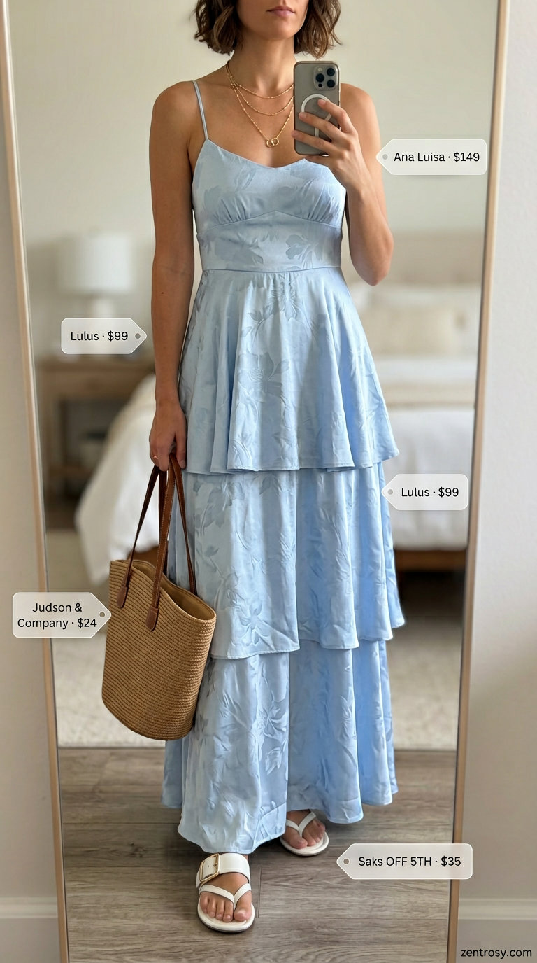 Coastal Breeze Maxi: Summer belted dress for women 2026 in sky blue, paired with tan slides & straw tote. Perfect for beach.