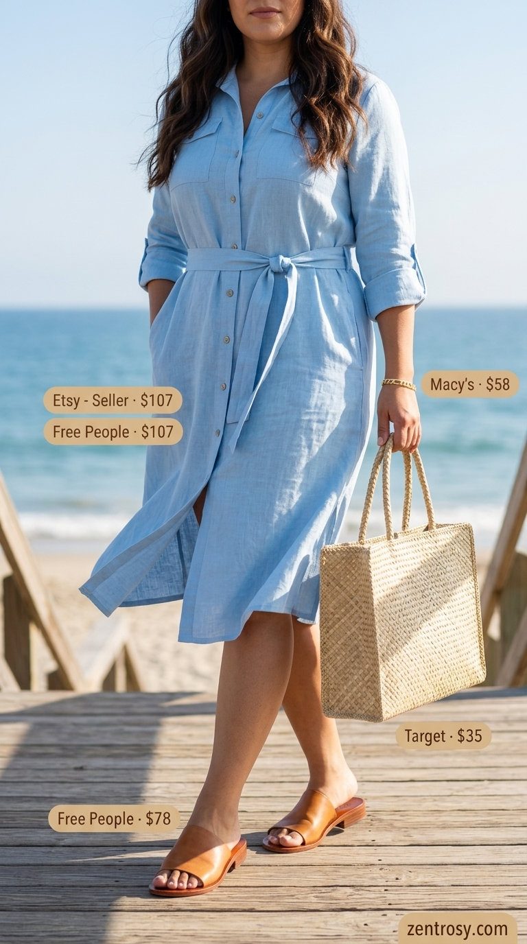 Breezy sky blue linen long sleeve summer belted dress for women 2026, perfect for beach days or vacation. Styled with slides and straw tote.