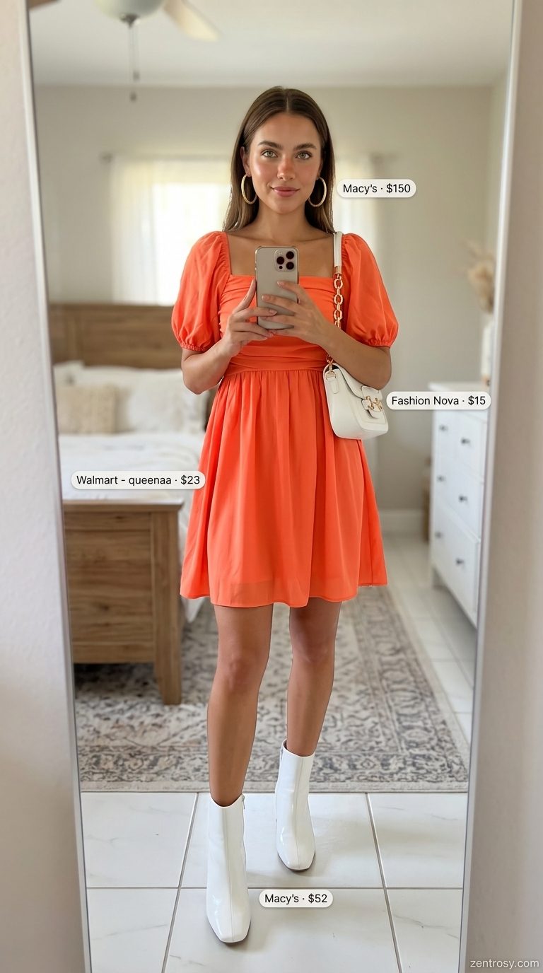 Bright coral mini dress with white crossbody and ankle boots for summer belted dress for women 2026 night out.