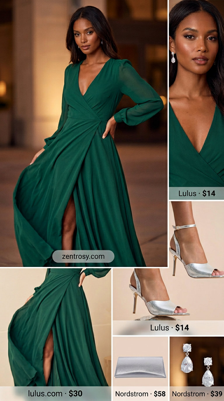 Emerald green wrap dress with silver heels and clutch for summer belted dress for women 2026 evening event.