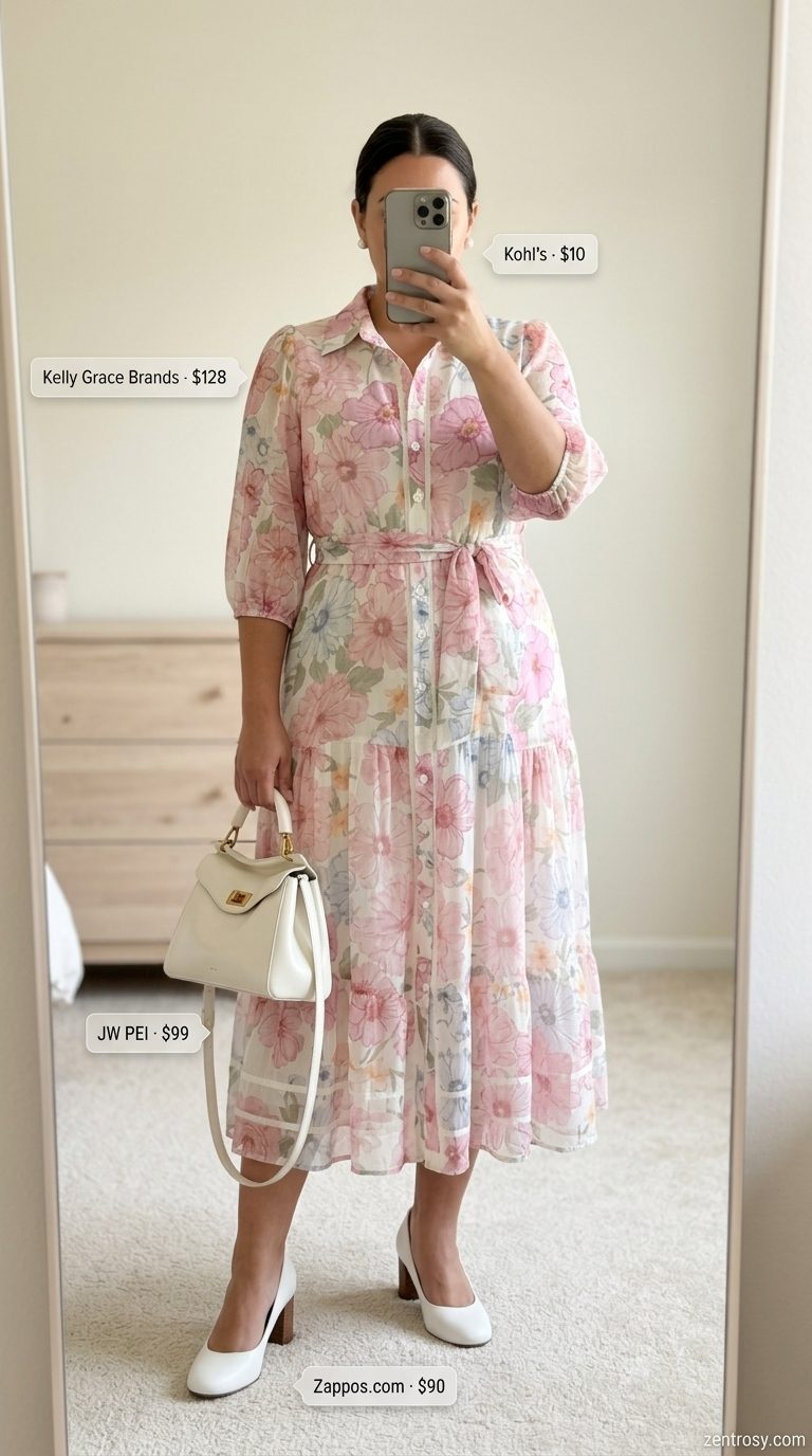 Garden Party Chic: Summer belted dress for women 2026 in pastel floral, with white pumps & top-handle bag.