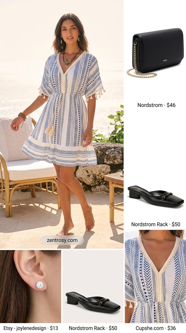 Playful Mini Dress: Summer belted dress for women 2026 in geometric print, with black mules & crossbody bag.