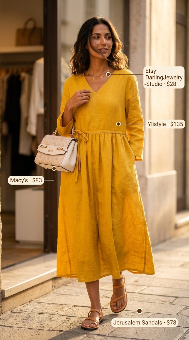 Cheerful lemon yellow summer belted dress for women 2026, ideal for brunch or daytime events. Styled with sandals and gold jewelry.