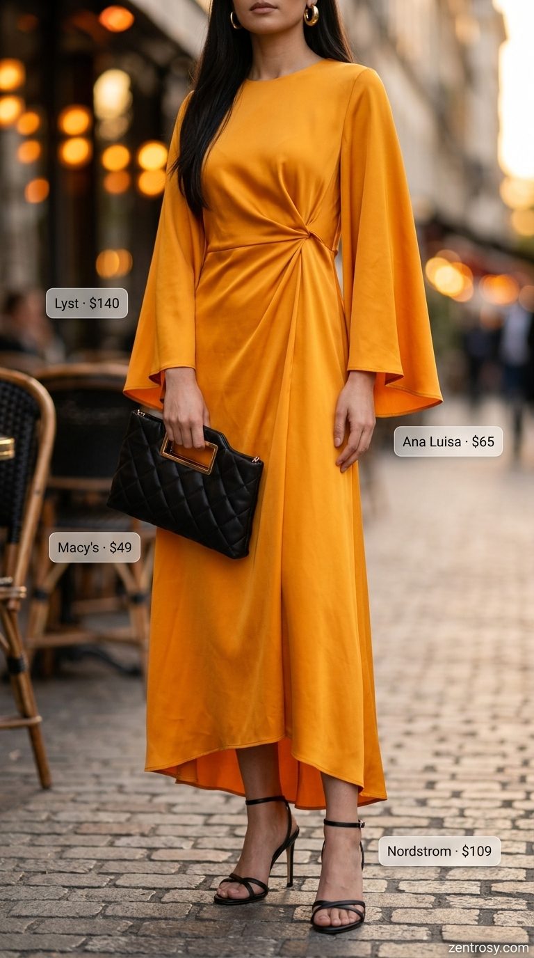 Mango orange midi wrap dress with black heels and gold earrings for summer belted dress for women 2026 date night.