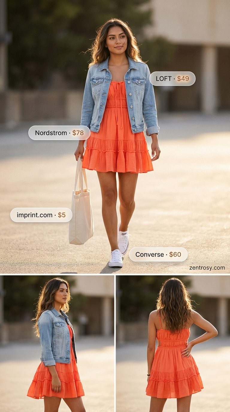 Mini Dress & Denim Jacket: Summer belted dress for women 2026 in coral, paired with white sneakers & denim jacket.