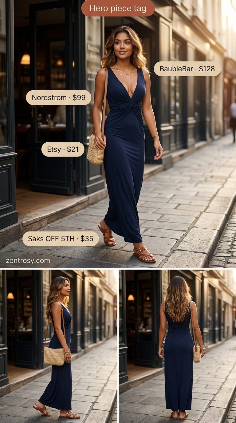 Summer Evening Maxi: Navy blue summer belted dress for women 2026, with tan sandals & gold necklaces.