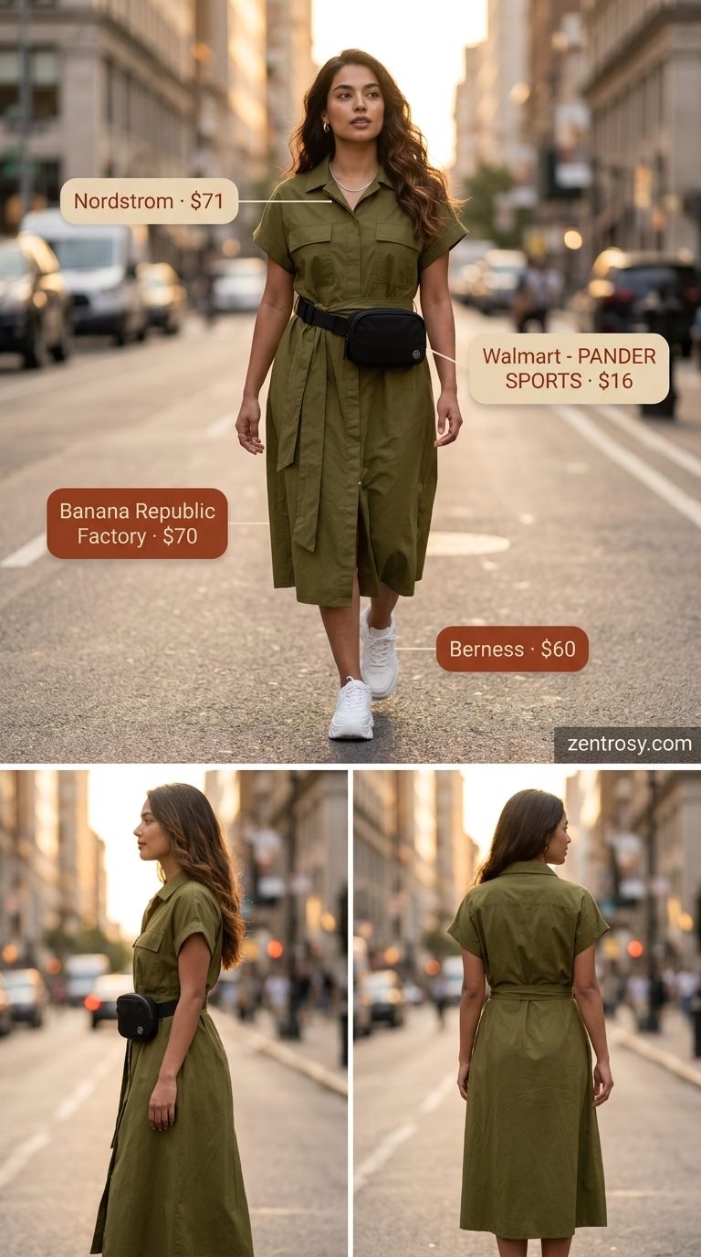 Urban Explorer Utility Dress: Summer belted dress for women 2026 in olive green, with sneakers & belt bag.