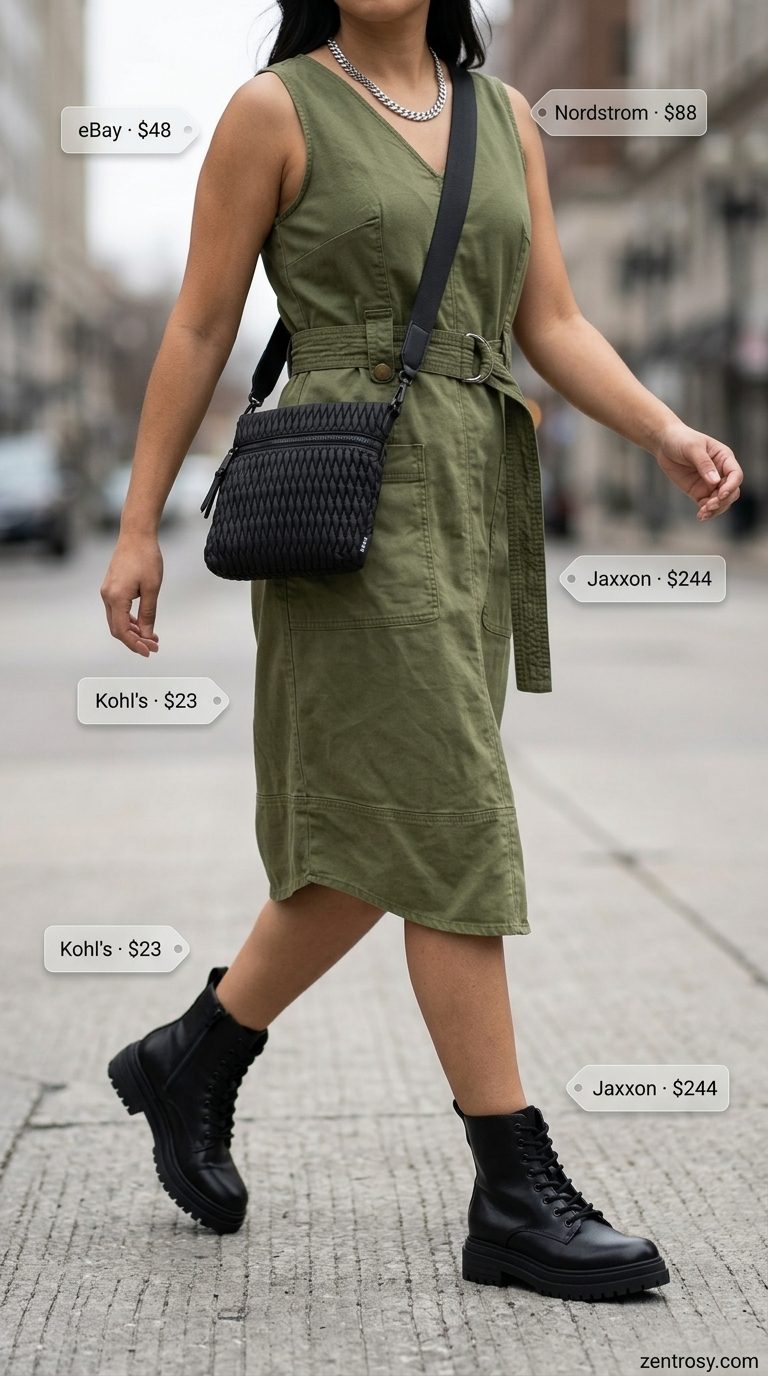 Edgy olive green utility summer belted dress for women 2026, perfect for casual days or travel. Styled with combat boots and a crossbody.
