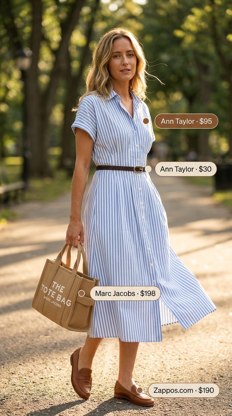 Classic white and blue striped summer belted dress for women 2026, perfect for picnics and casual days. Styled with loafers and a tote.