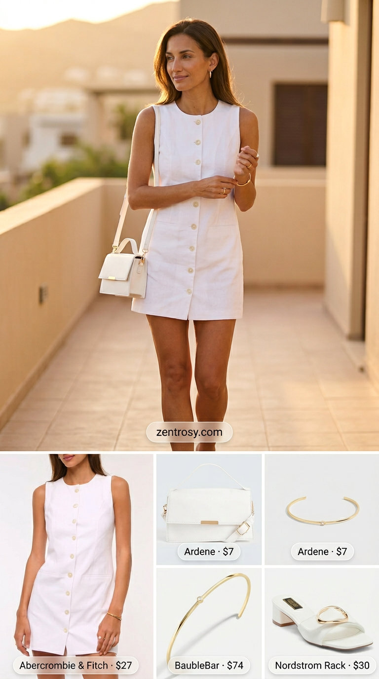 Monochrome Linen Mini: White summer belted dress for women 2026, with gold bracelet & slide sandals.