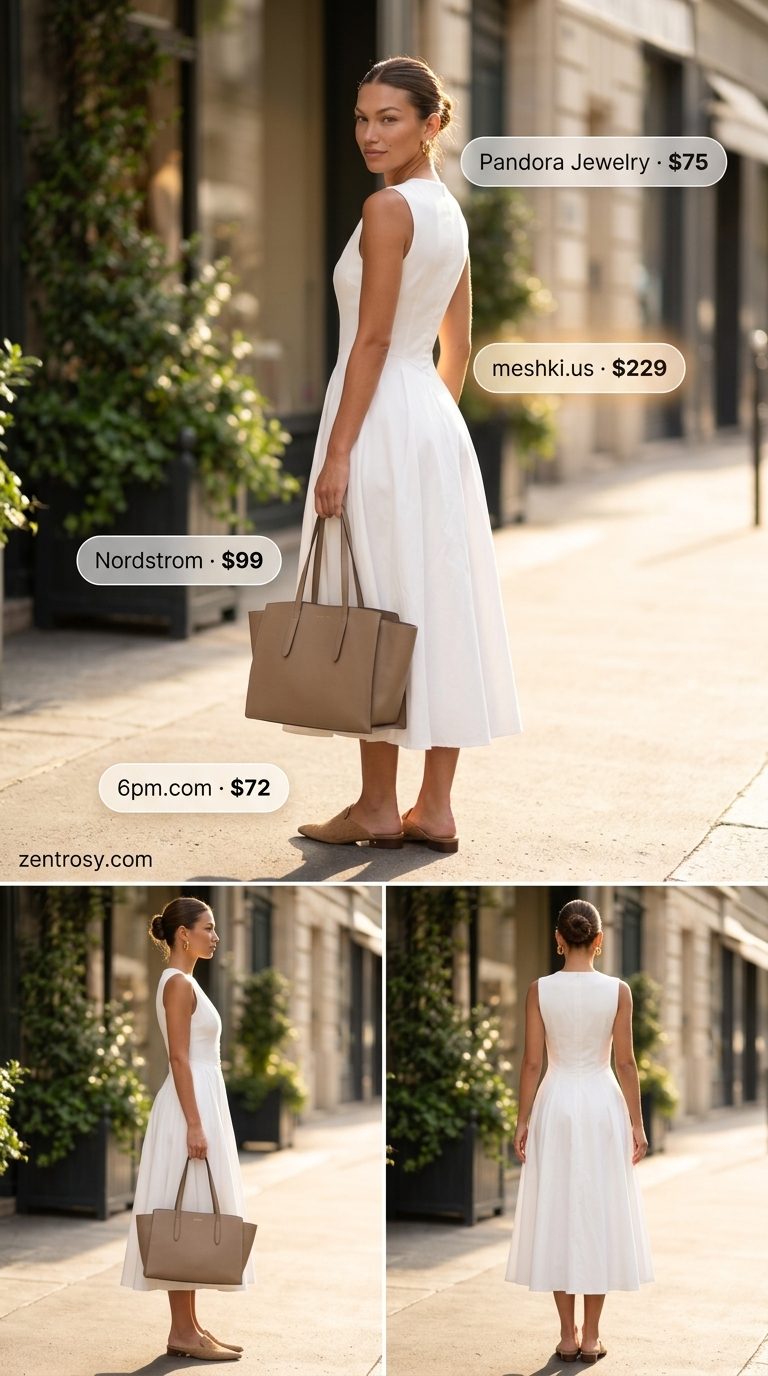 White linen midi dress with beige mules and gold earrings for summer belted dress for women 2026 office.