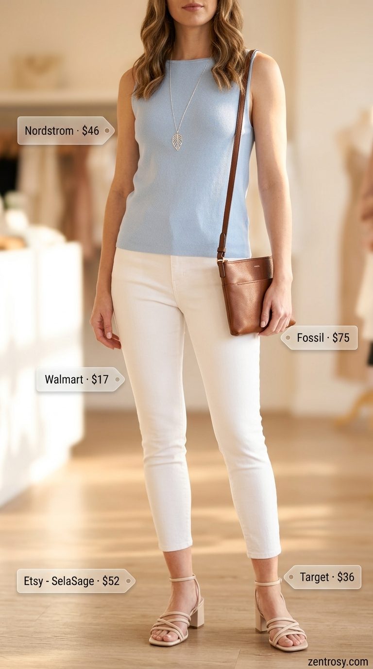 Chic sky blue boat neck top with white capri pants, block heels, and crossbody bag.