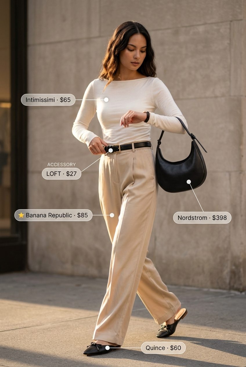 City chic cream boat neck knit top with beige wide-leg trousers and black leather accessories.