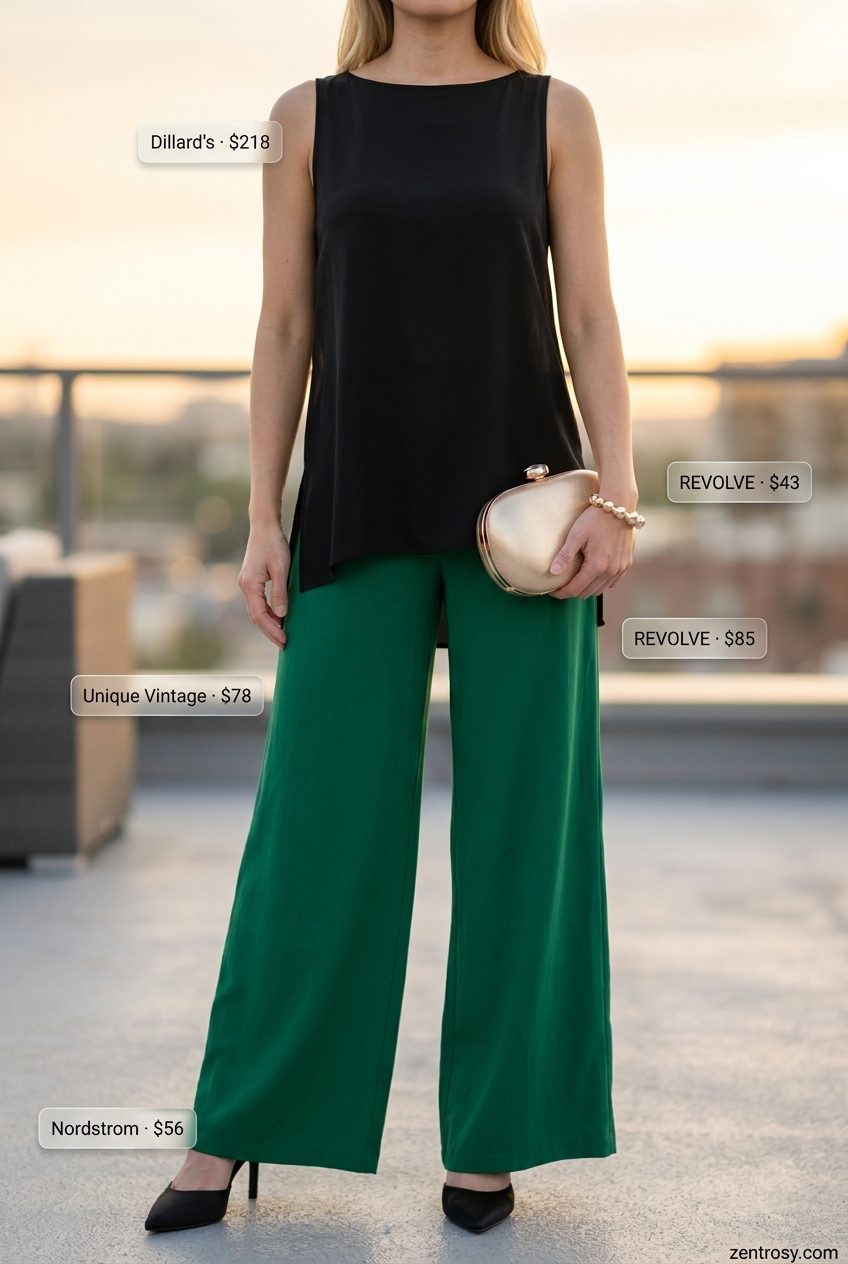 Sophisticated black boat neck top with emerald green palazzo pants and gold accessories.