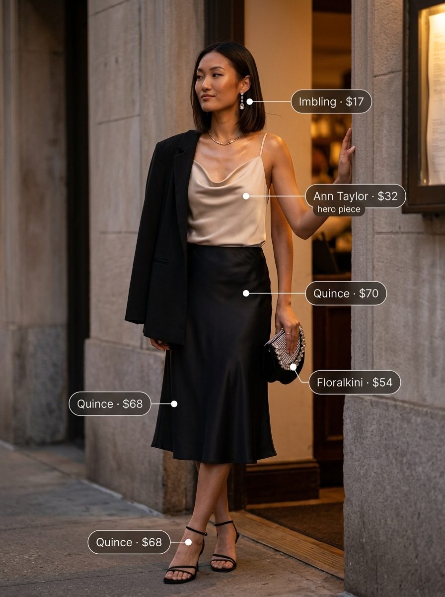 Elegant champagne boat neck top with black A-line midi skirt and strappy heels.