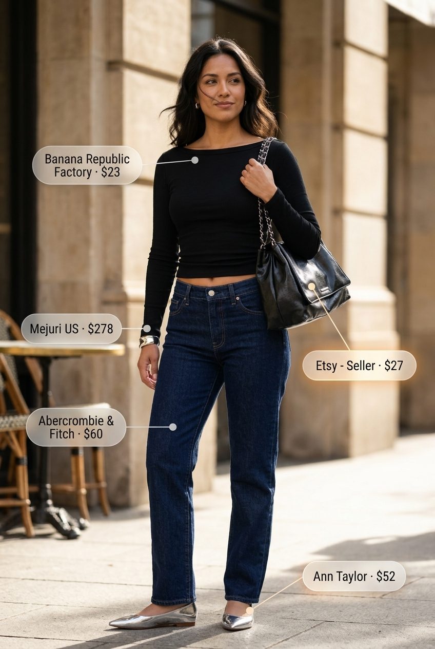 Chic black boat neck top with dark wash jeans, silver flats, and crossbody bag.