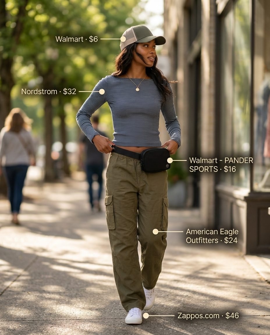 Casual navy and white striped boat neck top with olive cargo pants and sneakers for summer.