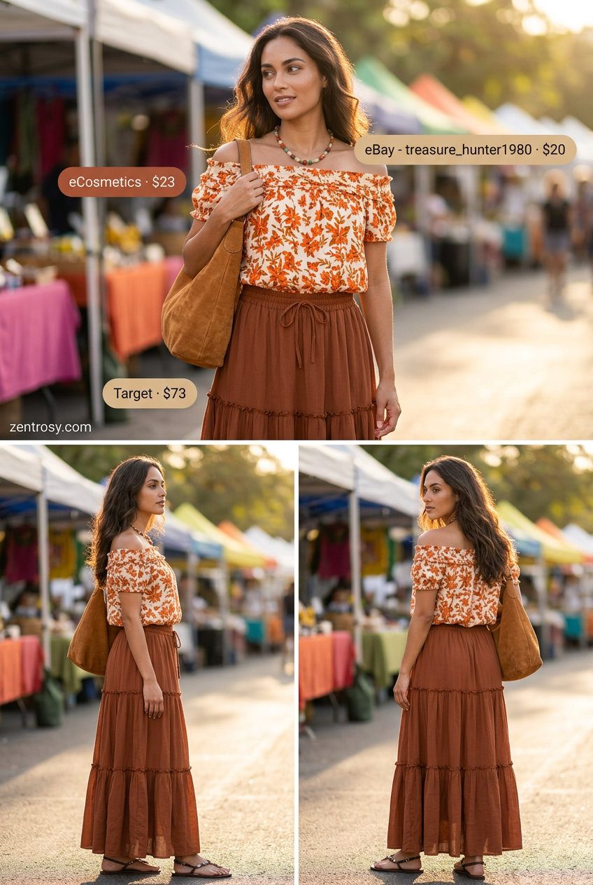 Boho floral boat neck top with tiered maxi skirt for summer Boat Neck outfits for women 2026.