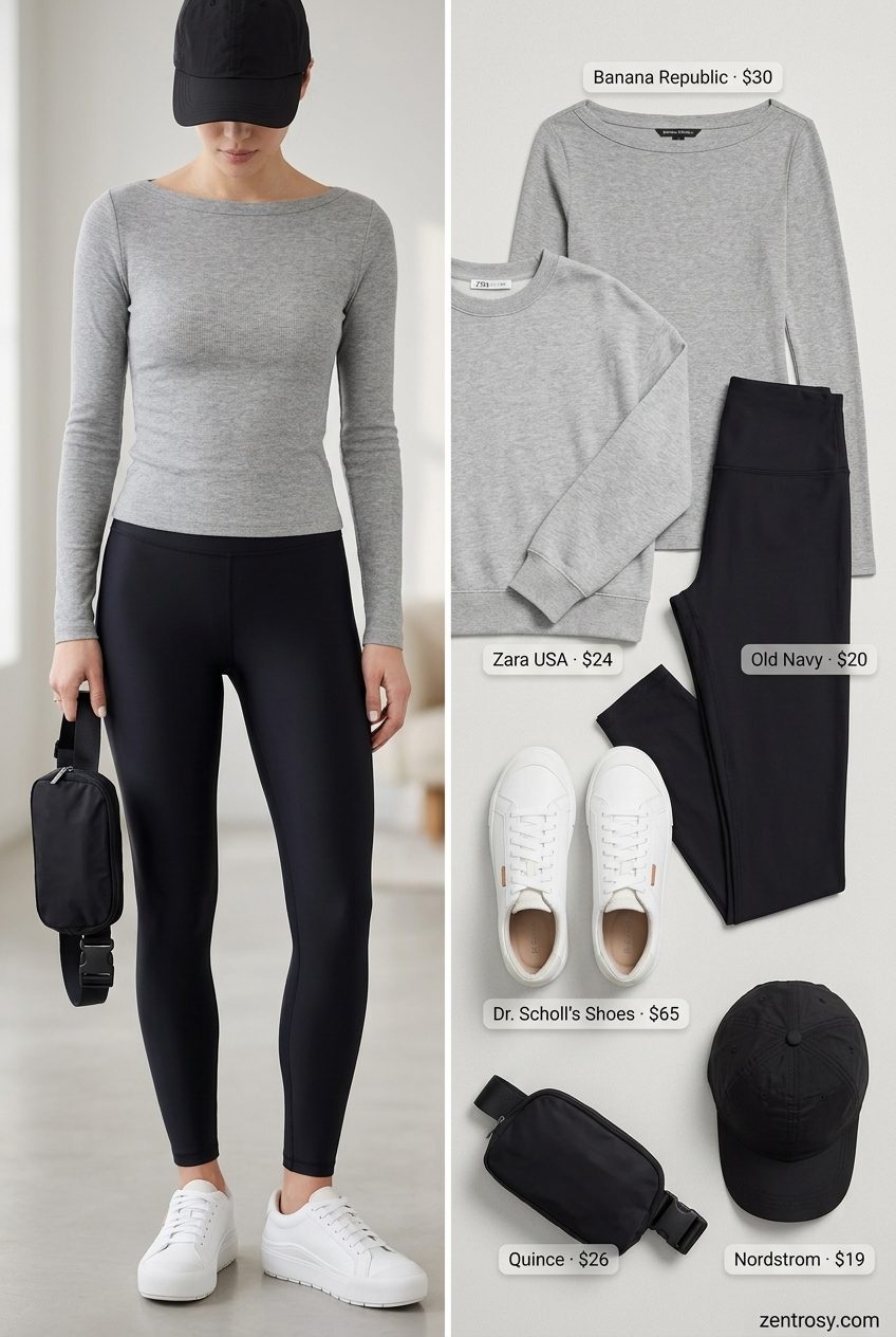 Athleisure comfort summer boat neck outfits for women 2026 with grey sweatshirt and black leggings.