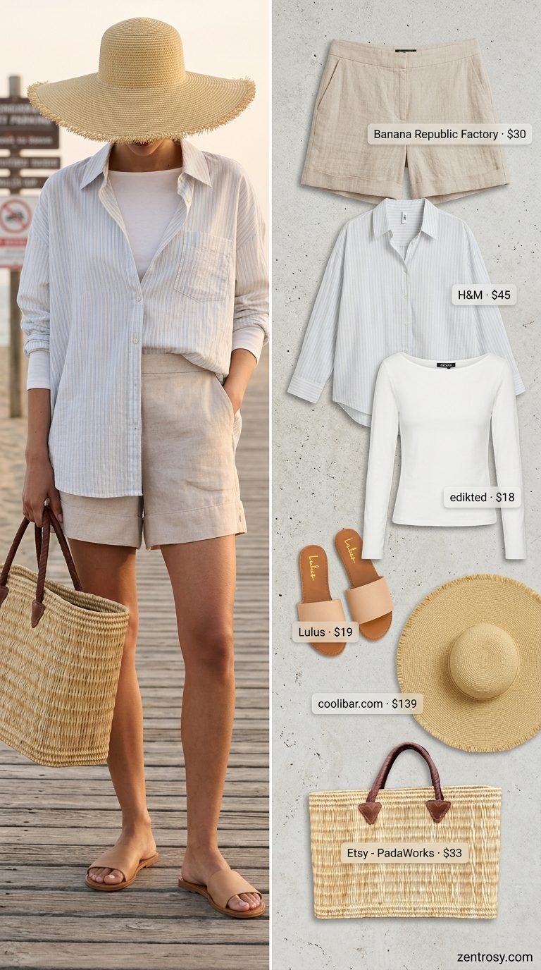 Relaxed beach cover-up summer boat neck outfits for women 2026 with striped tunic.