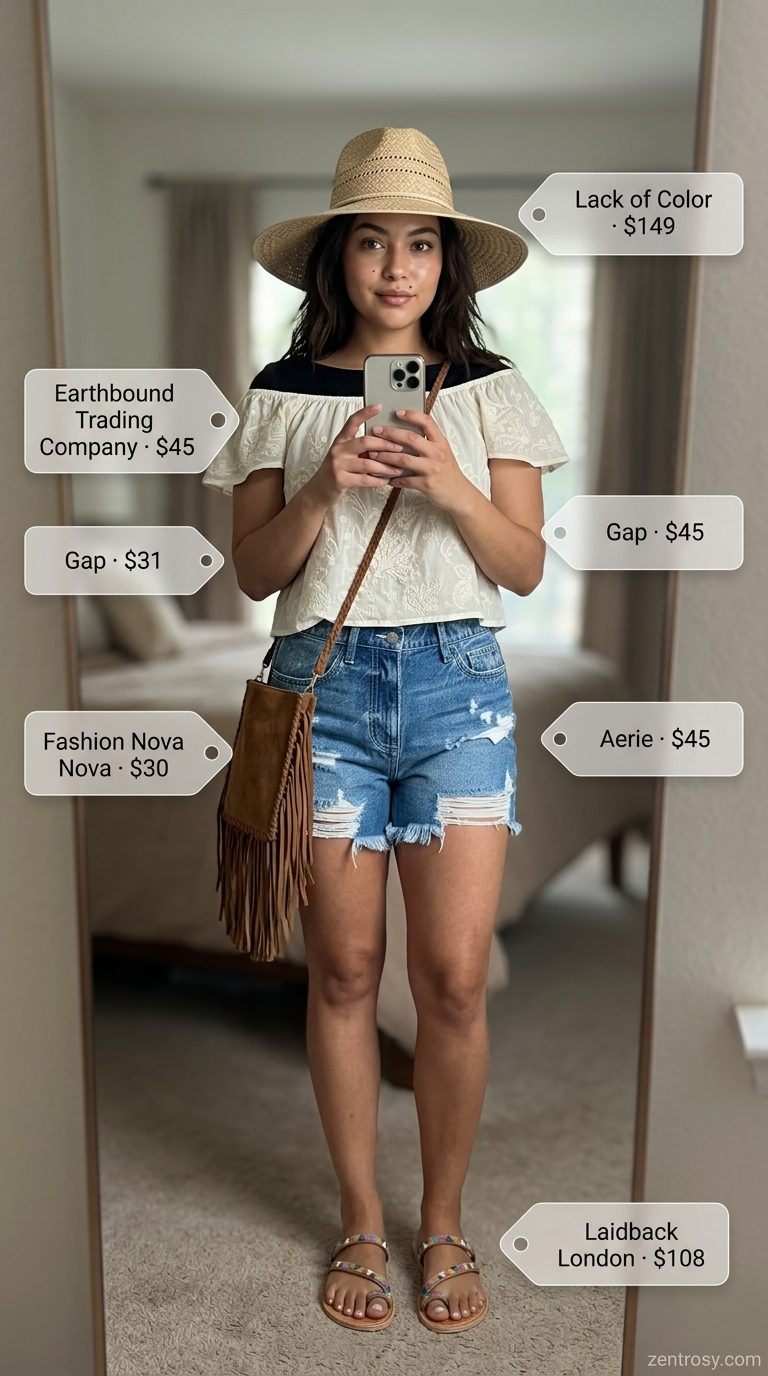 Boho beach summer boat neck outfits for women 2026 with white peasant top and denim shorts.