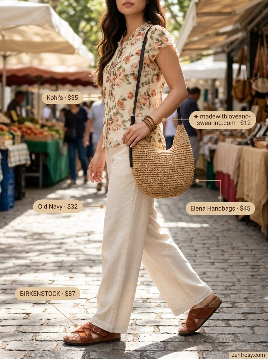 Boho summer boat neck outfits for women 2026 with floral top and wide-leg cream pants.