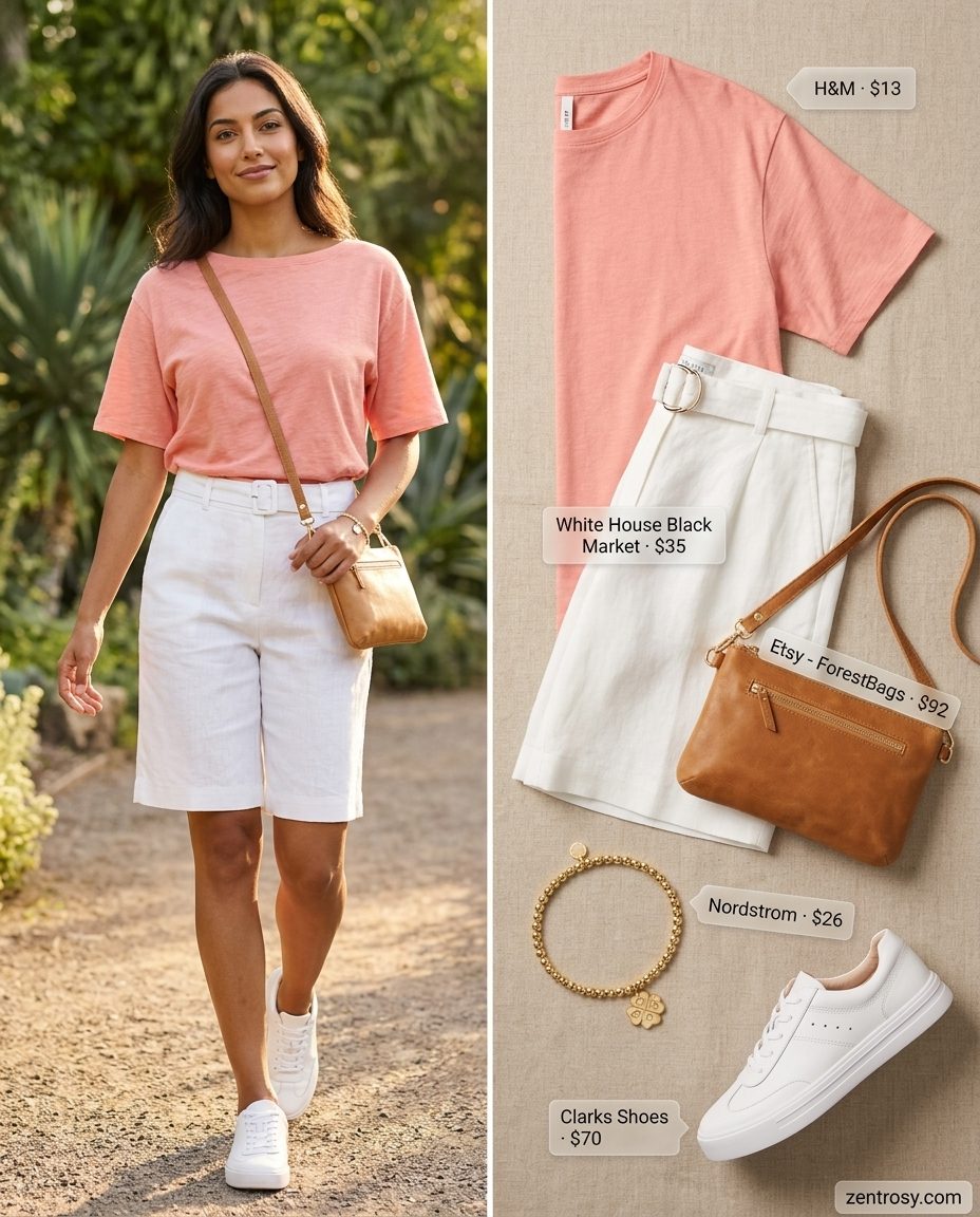 Blush pink boat neck tee with tailored shorts for summer Boat Neck outfits for women 2026.