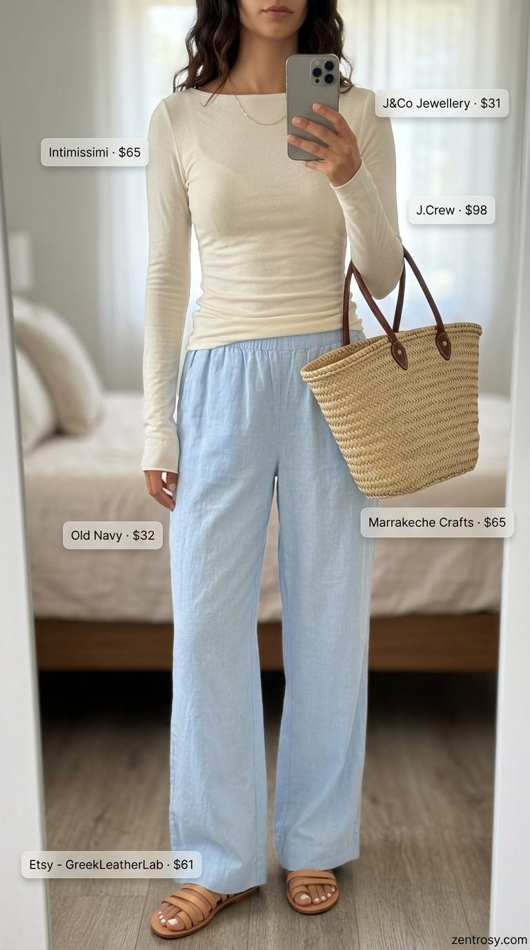 Cream boat neck tee with wide-leg linen pants for summer Boat Neck outfits for women 2026.
