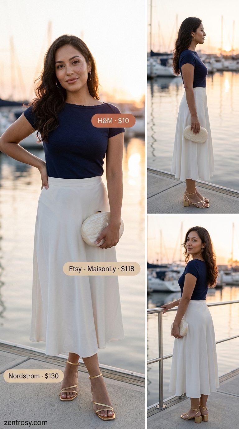 Sunset cruise summer boat neck outfits for women 2026 with navy top and white skirt.