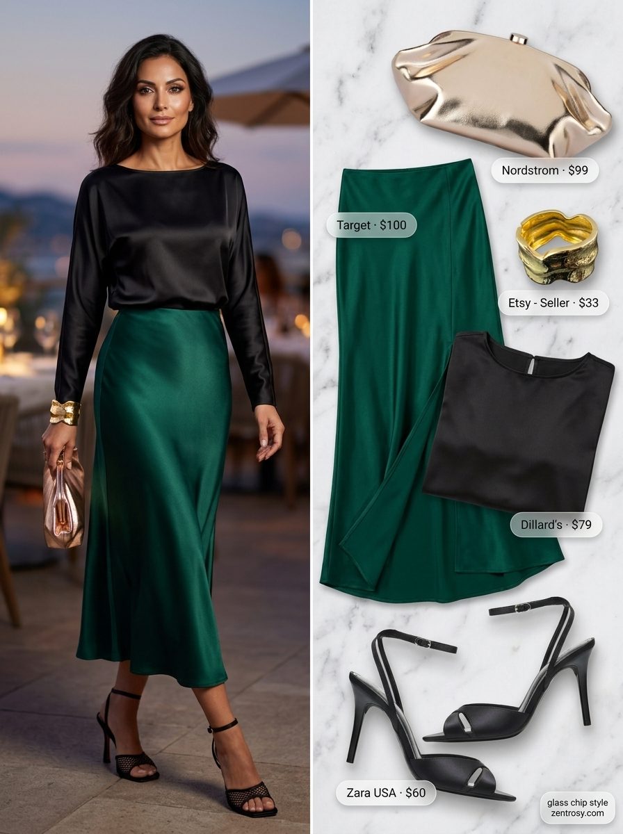 Evening elegance summer boat neck outfits for women 2026 with emerald skirt and black top.