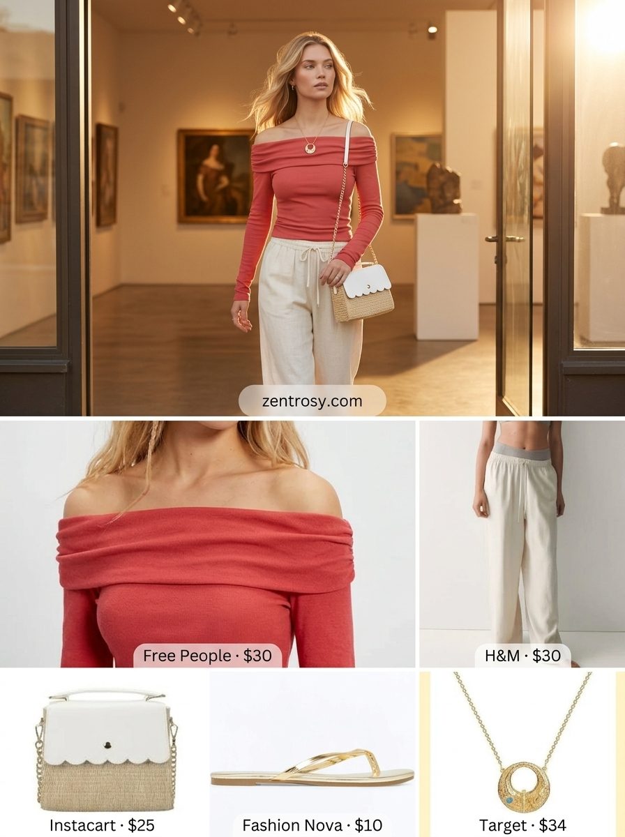 Muted coral boat neck top with palazzo pants for summer Boat Neck outfits for women 2026.
