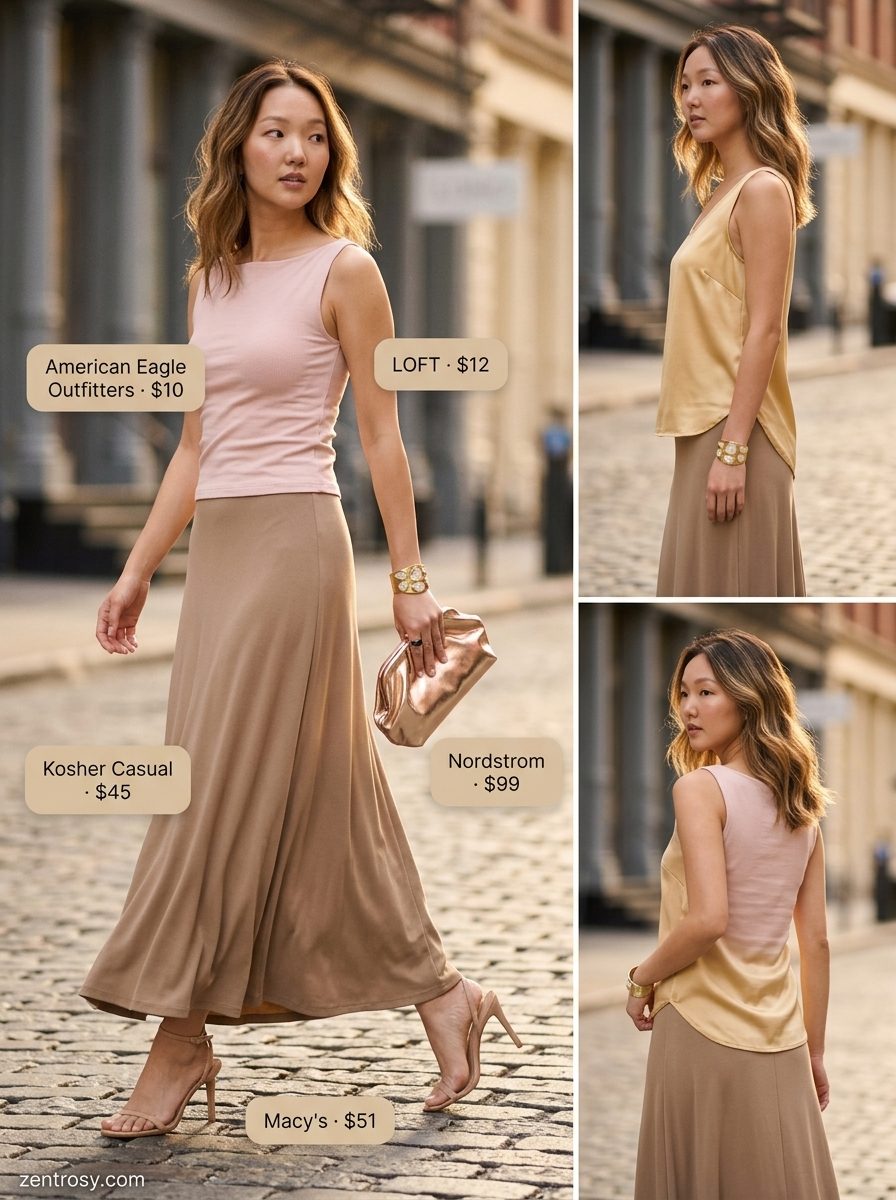 Golden yellow satin boat neck top with maxi skirt for summer Boat Neck outfits for women 2026.